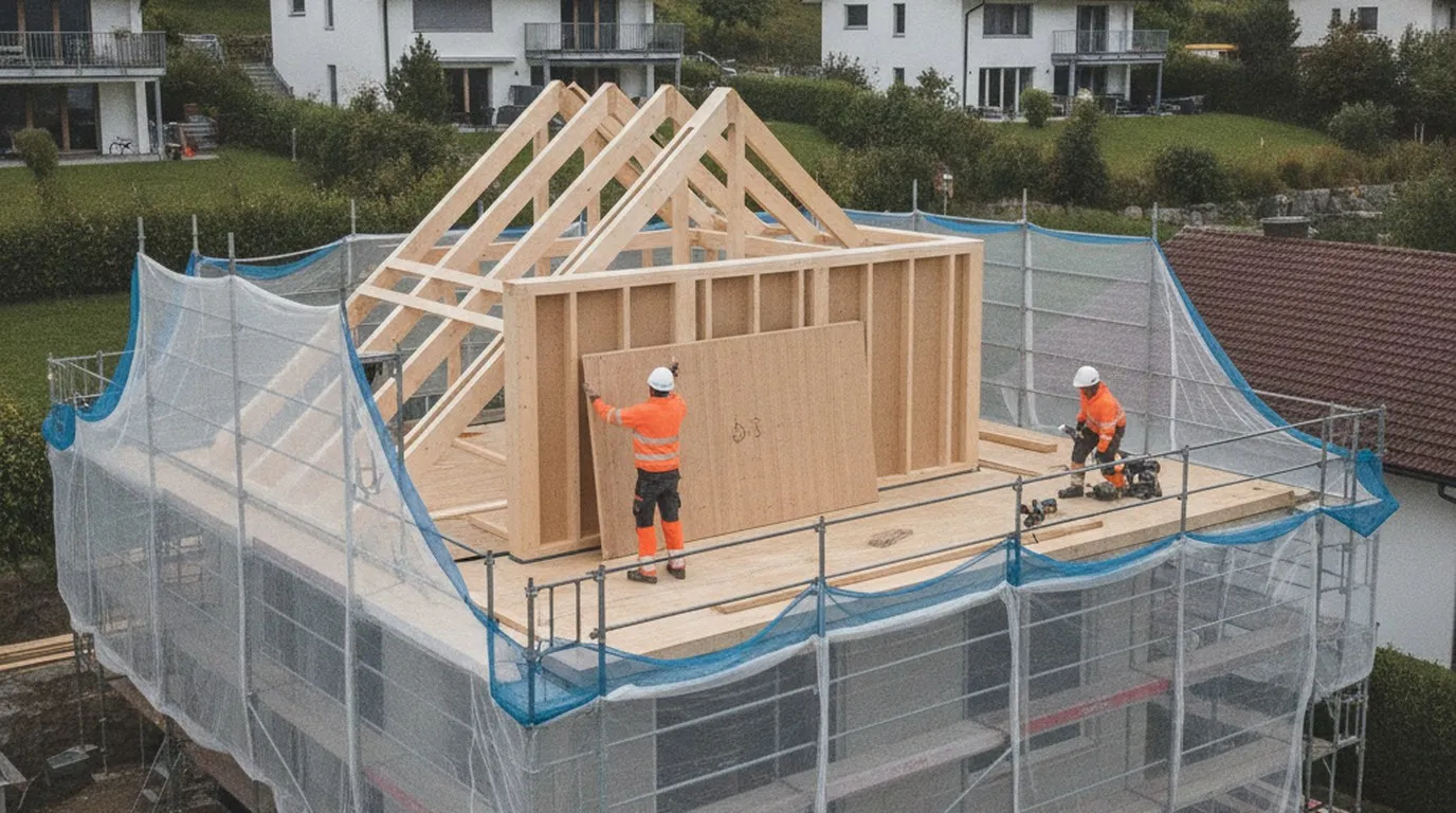 Surélévation d'une villa suisse : l'ancienne toiture est déposée, une ossature bois monte sur la dalle, deux ouvriers en gilet orange s'affairent, le tout ceinturé d'un échafaudage avec filet.