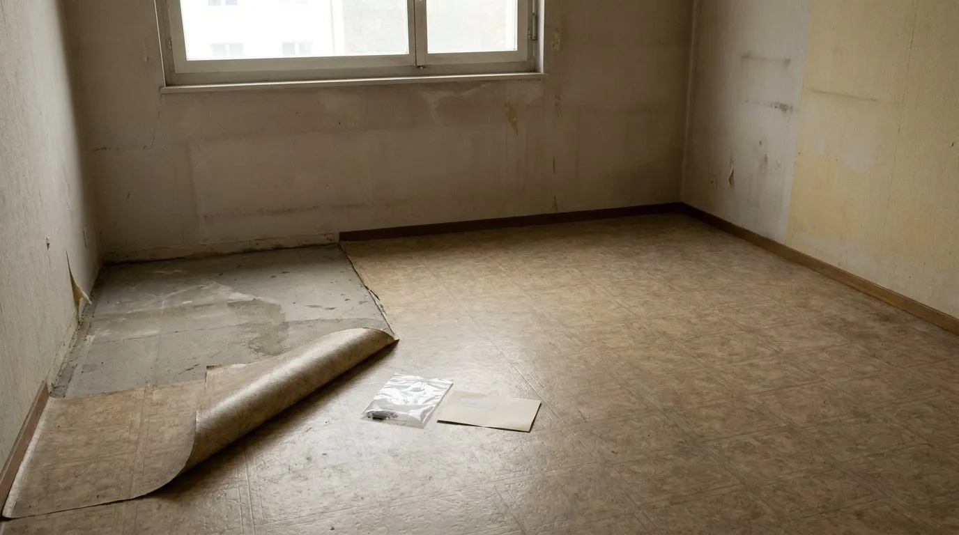 Innenraum einer Wohnung aus den 1970er-Jahren vor dem Umbau, alter Plattenbelag teilweise gelöst, Probebeutel und Etikette am Boden.