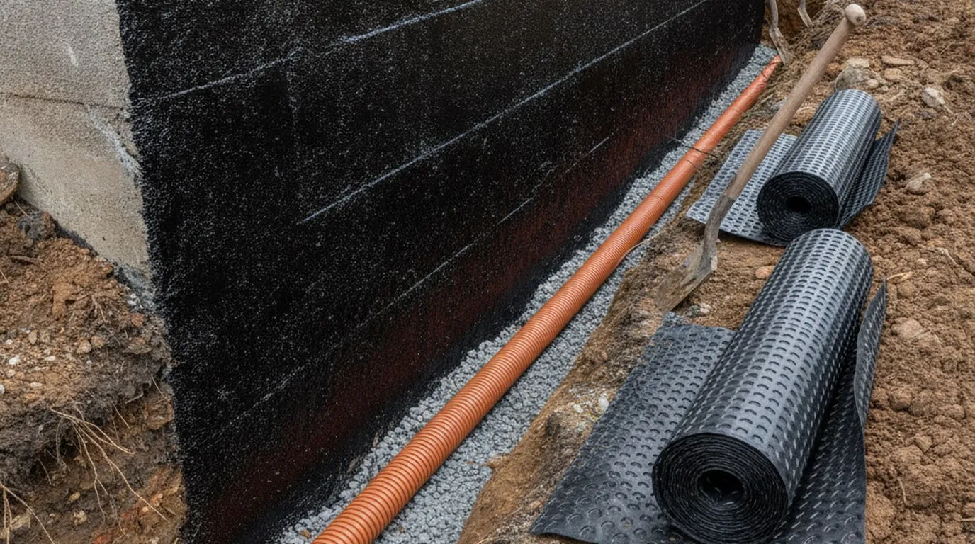 Ausgehobener Graben entlang einer Kellerwand aus Beton, frisch mit schwarzer Bitumenabdichtung gestrichen, unten ein oranges Sickerrohr auf Kies, daneben Rollen von Noppenbahnen und eine Schaufel.