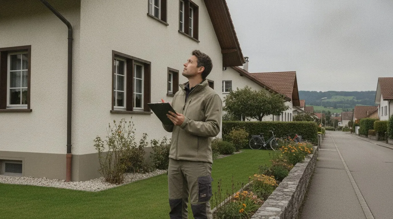 Expert en bâtiment devant une maison individuelle suisse à crépi clair, une tablette et un bloc à la main, levant les yeux vers la façade et le toit, rue résidentielle calme sous un ciel couvert.