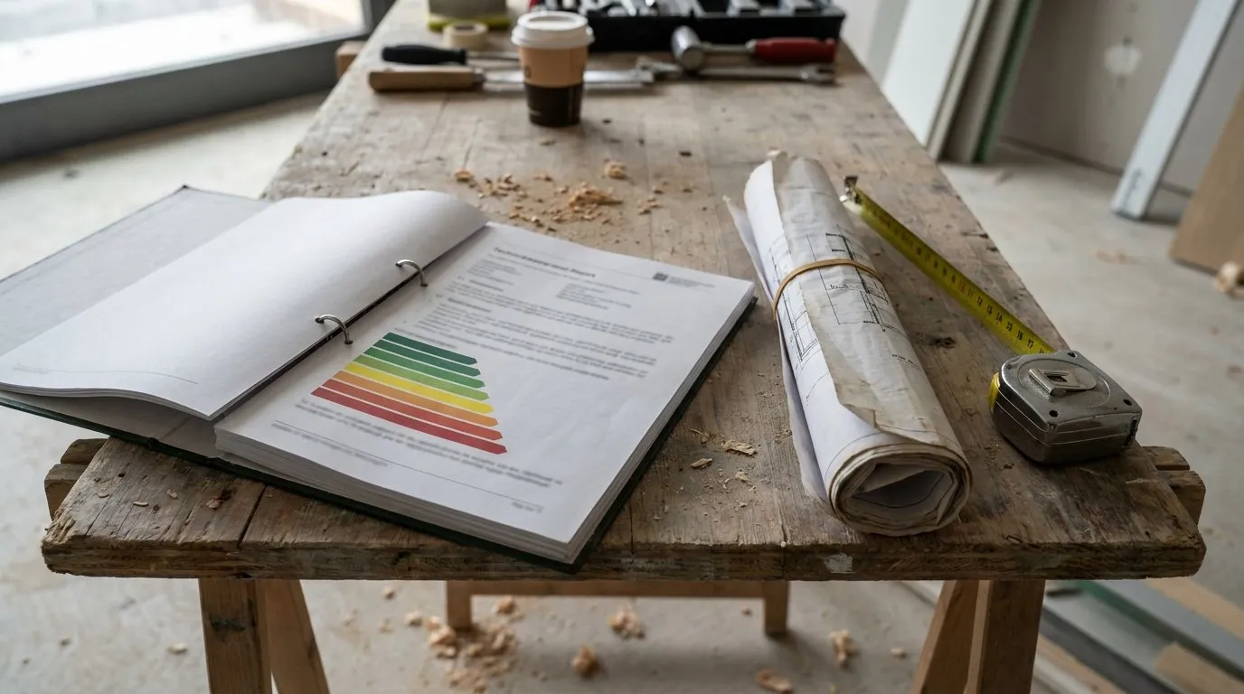 Arbeitstisch mit einem aufgeschlagenen Energiebericht mit farbiger Klassenskala von A bis G, Hausplänen und Massband daneben.
