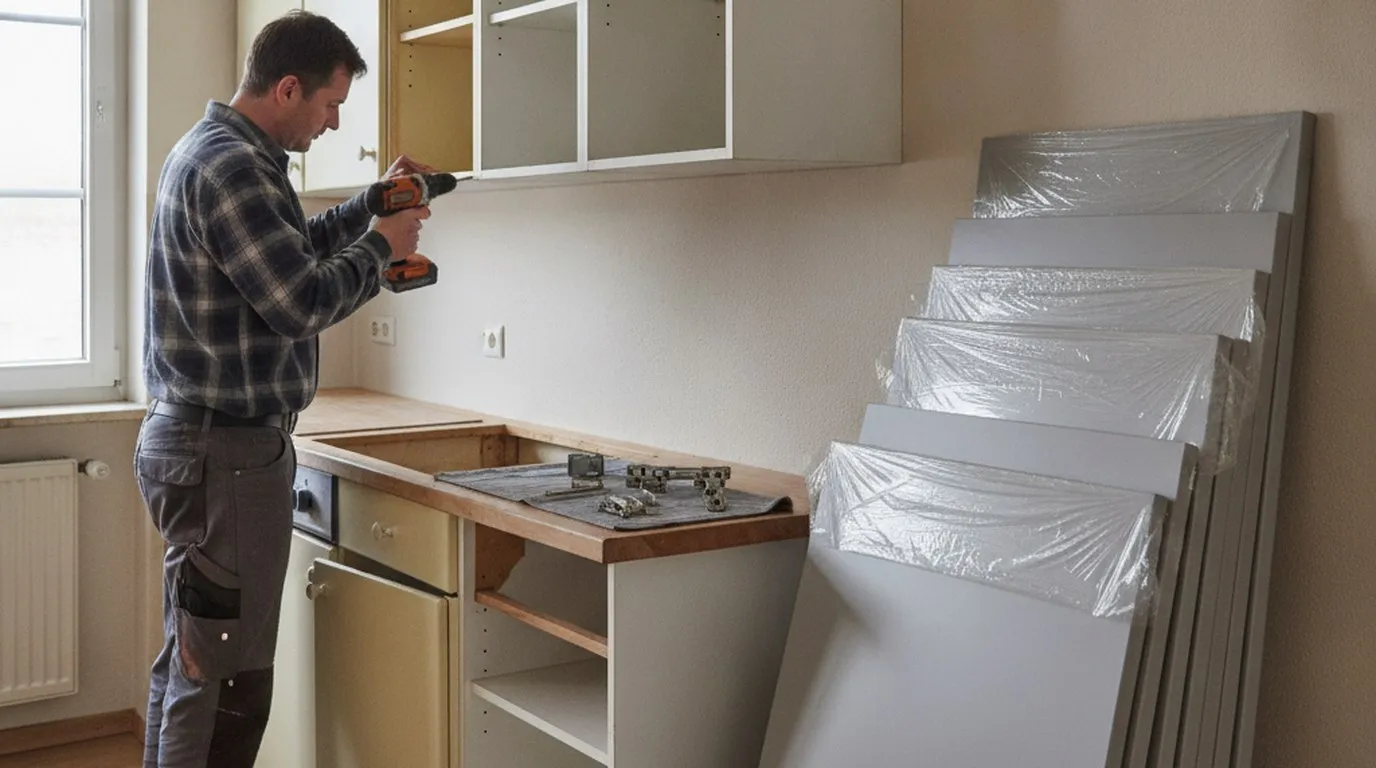 Ein Schreiner schraubt in einer bestehenden Küche eine alte Schranktür ab, die Korpusse und die Abdeckung bleiben stehen, neue graue Fronten in Schutzfolie lehnen an der Wand, Scharniere liegen auf einem Tuch.