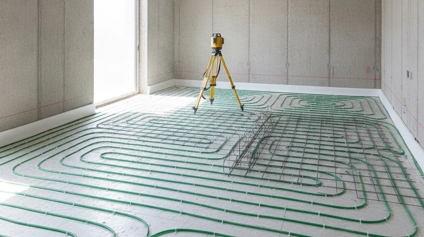 Sol de maison en construction avant coulage de la chape, boucles de chauffage au sol clipsées sur les panneaux isolants, bande périphérique le long des murs, treillis d'armature partiellement posé et laser de nivellement sur trépied.