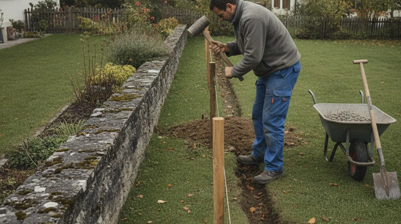 Ein Arbeiter schlägt mit dem Holzhammer Zaunpfähle entlang einer Schnur in den Boden, an der Grenze zwischen zwei Einfamilienhausgärten, neben einer alten, bemoosten Natursteinmauer; eine Schubkarre mit Kies steht auf dem Rasen.
