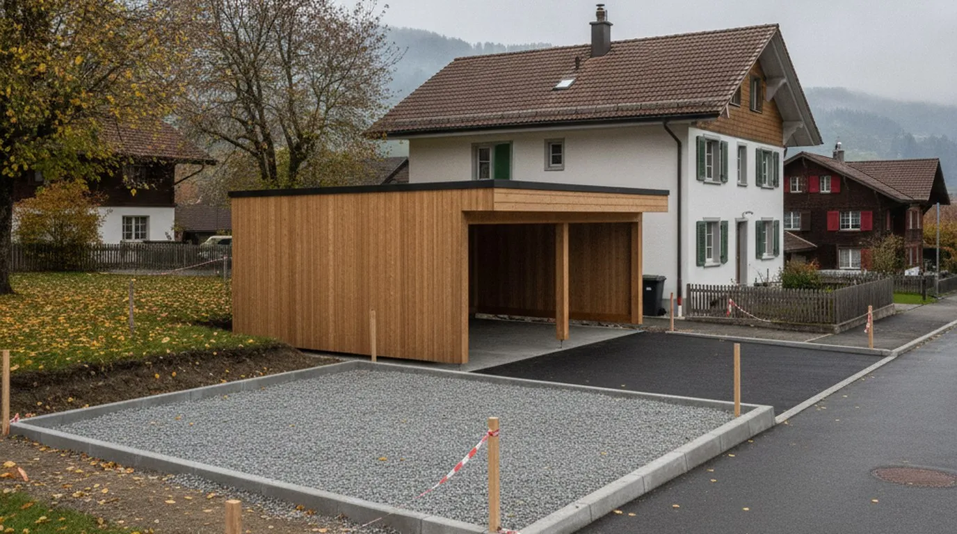 Couvert à voitures en bois à toit plat neuf à côté d'une maison individuelle dans un village suisse, devant lui une place de parc fraîchement aménagée en gravier compacté bordée de bordures en béton, délimitée par des piquets et un ruban rouge et blanc.