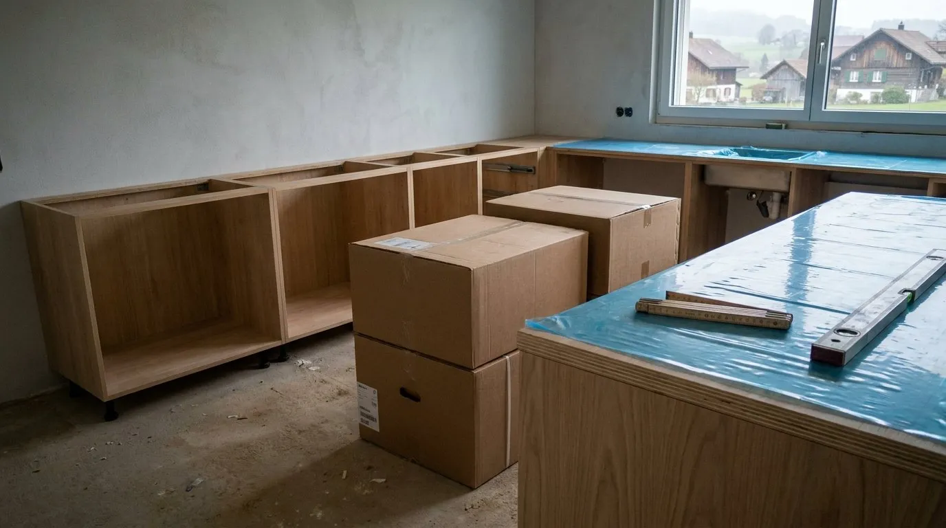 Küche in Montage, nackte Korpusse ohne Fronten an der Wand aufgereiht, verschlossene Gerätekartons am Boden, Gliedermassstab und Wasserwaage auf einer noch folierten Arbeitsplatte.