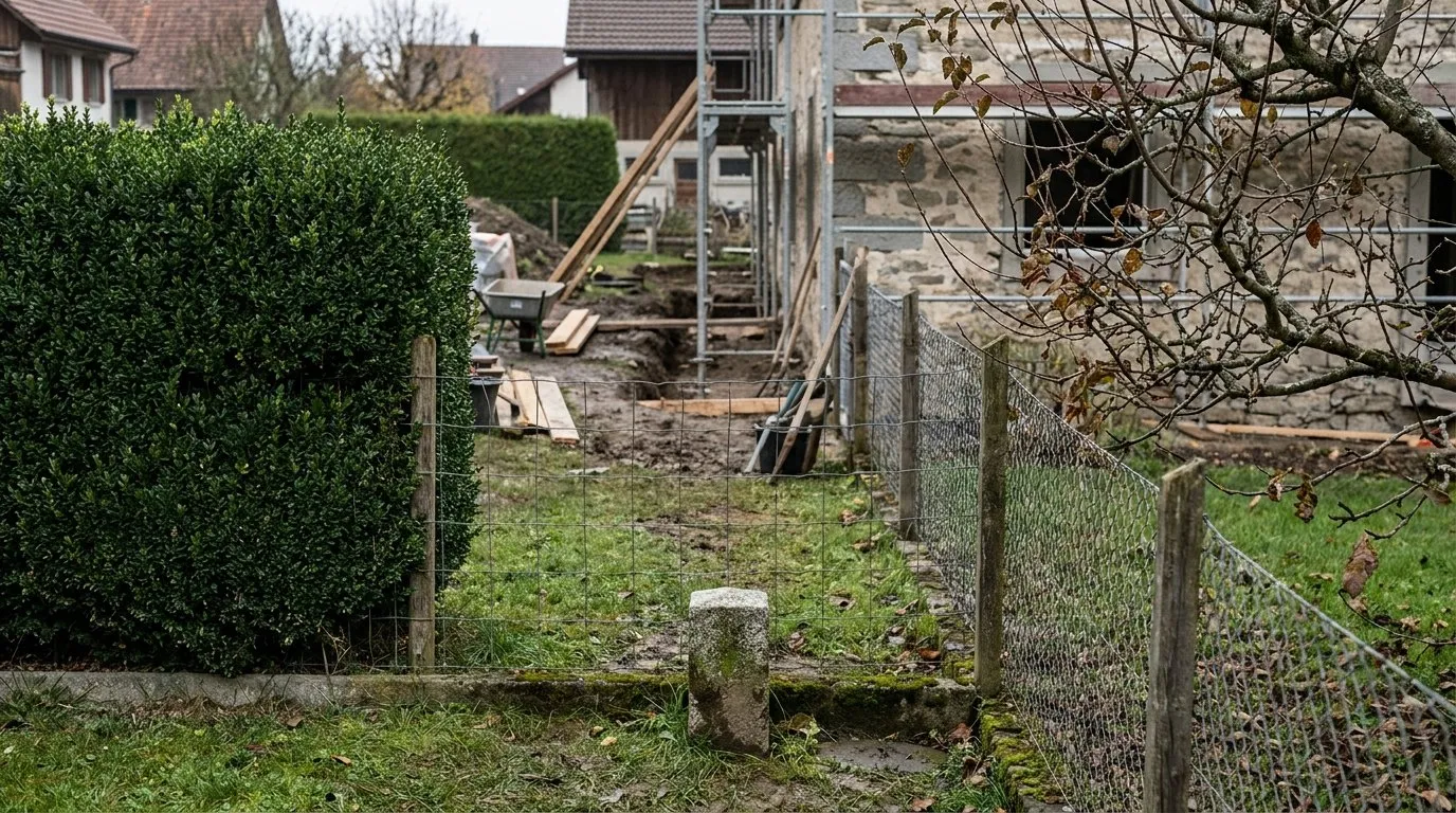 Limite entre deux jardins suisses, haie taillée d'un côté, branches d'un arbre qui dépassent au-dessus d'une clôture basse, borne de délimitation visible au sol.