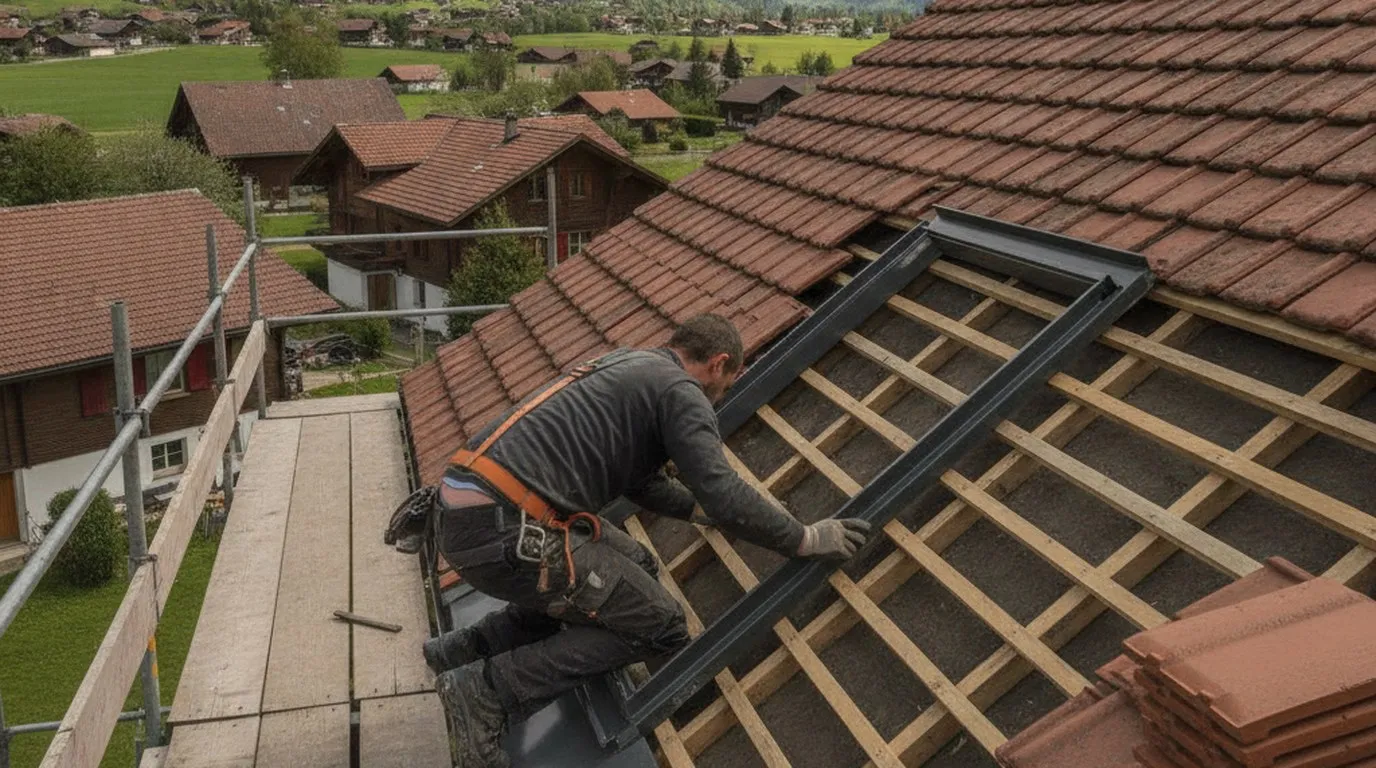 Ein Dachdecker setzt ein Dachfenster in ein Ziegeldach eines Schweizer Hauses, Lattung und Ziegel rund um die Öffnung abgedeckt, Anschlussblech sichtbar, Blick vom Gerüst, Tal und Nachbarhäuser im Hintergrund.
