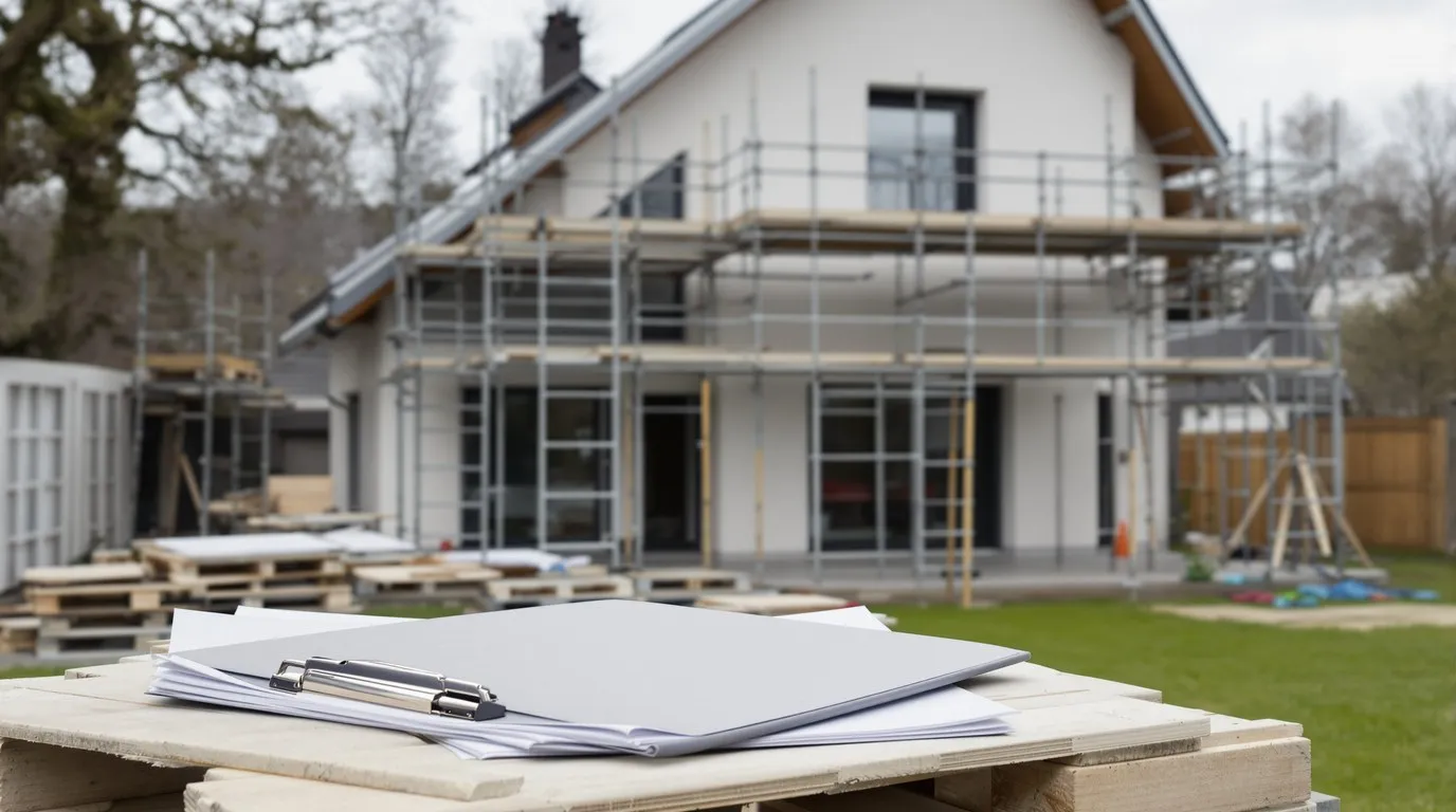 Maison individuelle presque terminée, crépi neuf et échafaudage en cours de démontage, au premier plan un classeur gris fermé et un porte-bloc posés sur une pile de palettes dans le jardin.