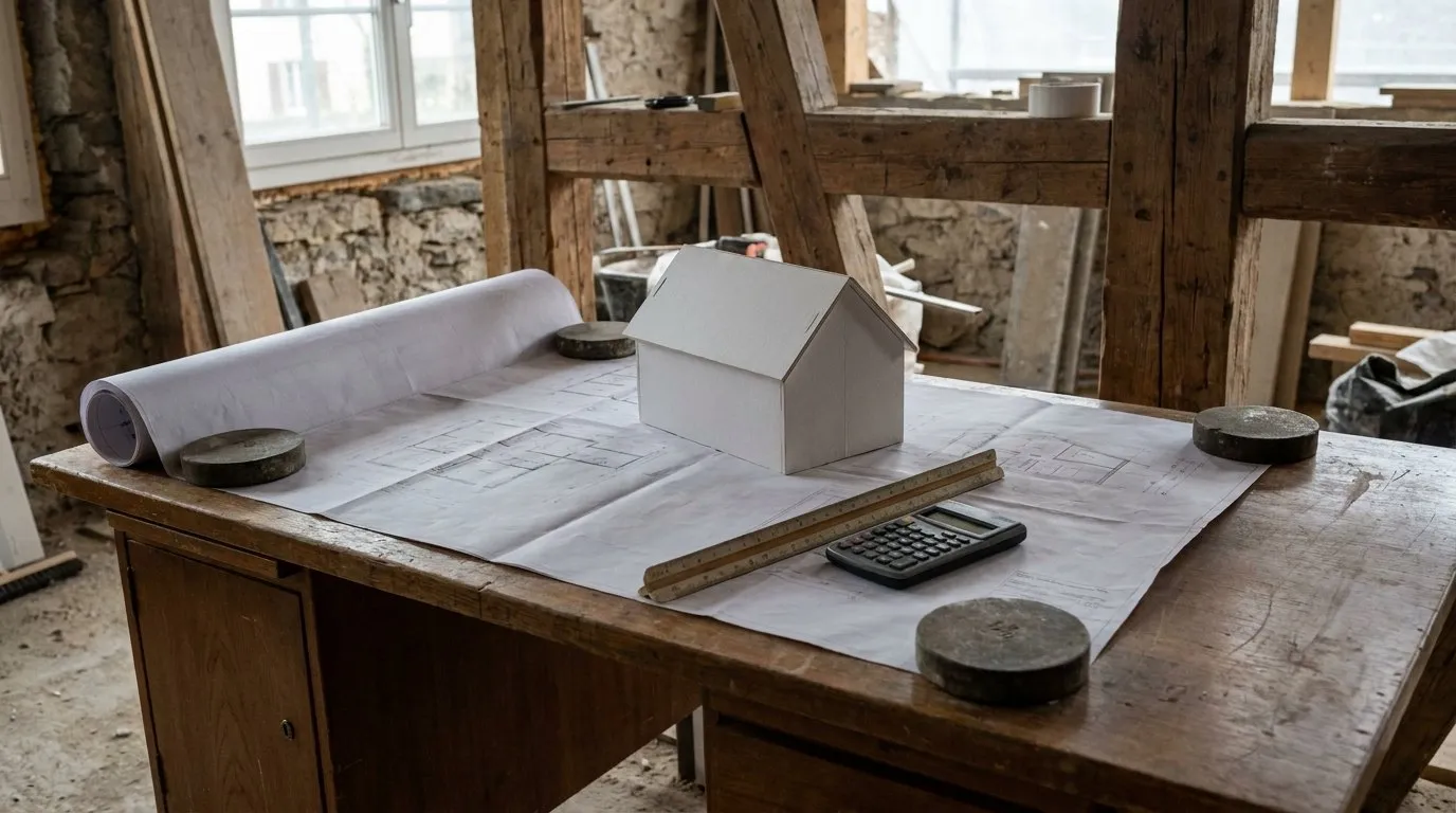 Architekturbüro mit ausgerollten Plänen, Kartonmodell eines Hauses, Massstab und Taschenrechner auf dem Tisch.