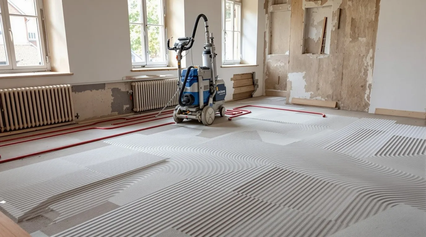Altbauzimmer in Renovation: in den bestehenden Unterlagsboden gefräste Rillen in engen Bögen, rote Heizrohre darin, eine Bodenfräse mit Absauger vor den Fenstern, alte Radiatoren noch an der Wand.