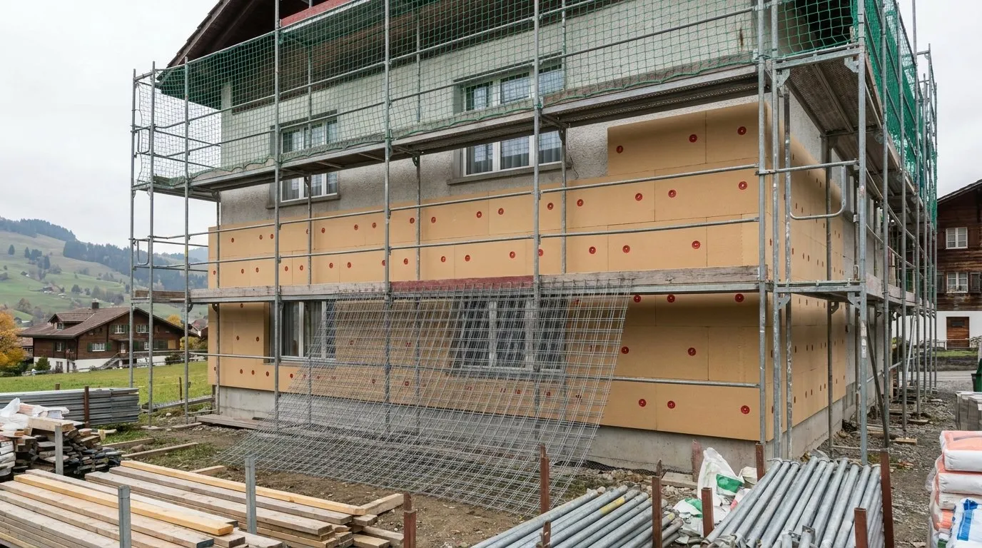 Mehrfamilienhausfassade bei der Aussendämmung, Dämmplatten versetzt verlegt und gedübelt, Armierungsgewebe teilweise eingelegt, Gerüst davor.