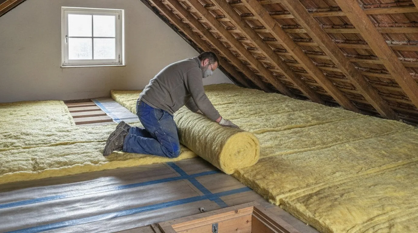 Ein Handwerker rollt in einem unbeheizten Estrich eines älteren Schweizer Hauses gelbe Mineralwolle über eine verklebte Dampfbremse aus, die Hälfte des Bodens ist bereits gedämmt, darüber Sparren und die Unterseite der Ziegel, vorne eine Estrichluke.