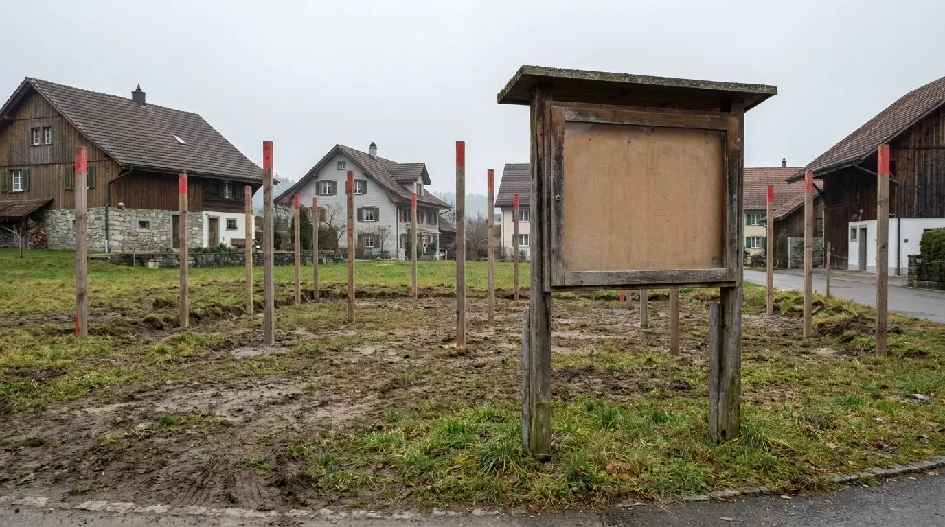 Leeres Baugespann-Anschlagbrett am Rand einer schlammigen Parzelle in einem Schweizer Dorf, dahinter die rot markierten Profilstangen eines künftigen Gebäudes.