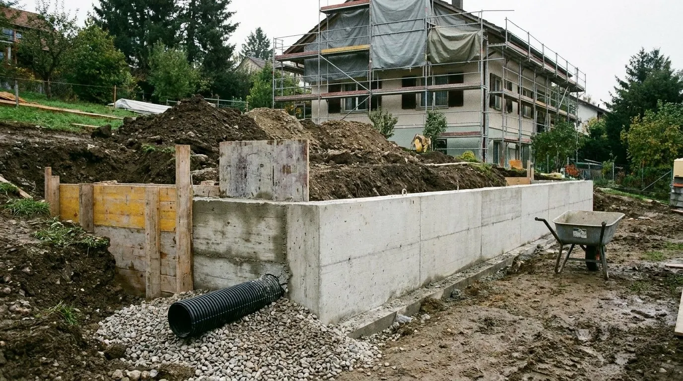 Stützmauer aus Beton im Bau in einem Hanggarten, teilweise ausgeschalt, Drainagerohr und Kies am Mauerfuss, ausgehobenes Terrain dahinter.
