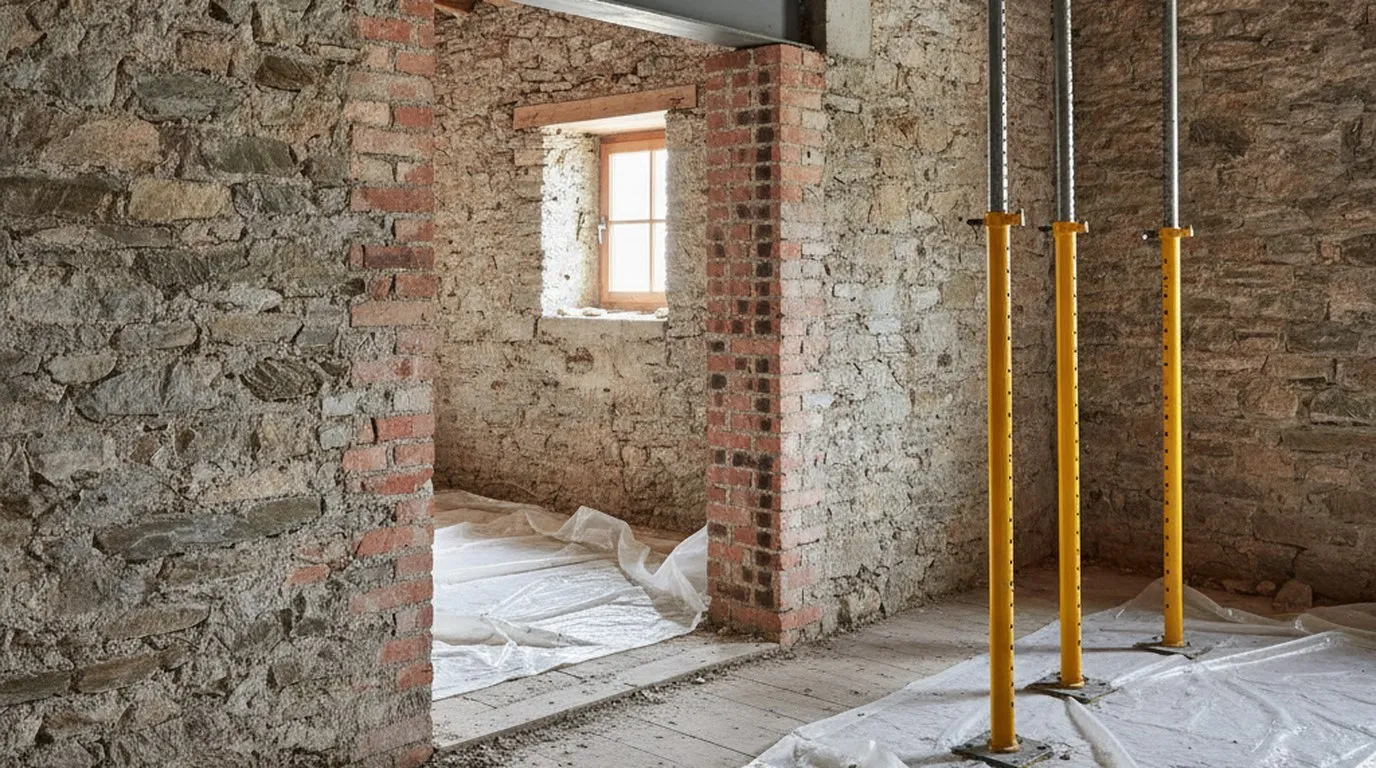 Innenraum eines alten Schweizer Hauses im Umbau: eine frisch ausgebrochene Öffnung in einer tragenden Mauerwerkswand, darüber ein neuer Stahlträger, Baustützen aus Metall unter der Decke und Schutzfolien auf dem Boden.
