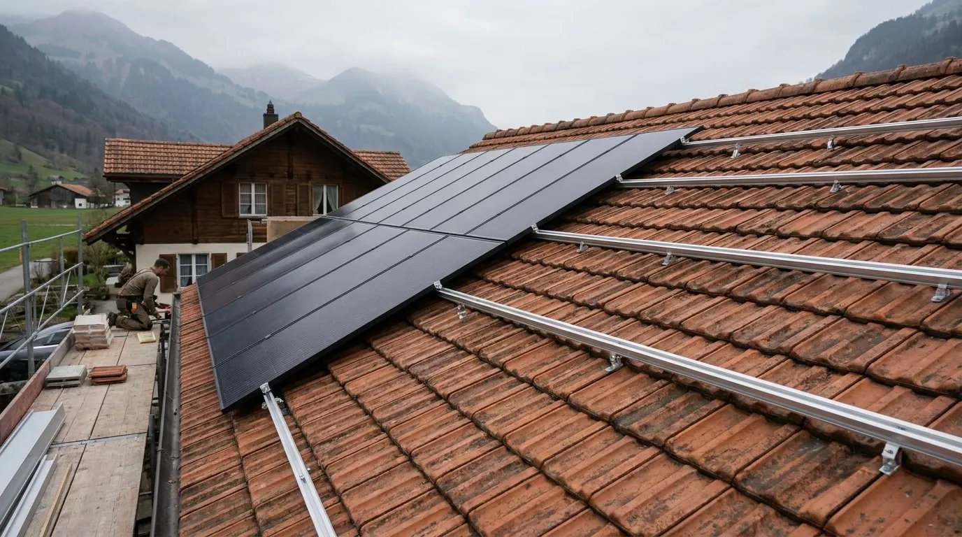 Ziegeldach eines Schweizer Einfamilienhauses, teilweise mit Photovoltaikmodulen belegt, Befestigungsschienen auf dem noch freien Teil sichtbar, Berge im Hintergrund.