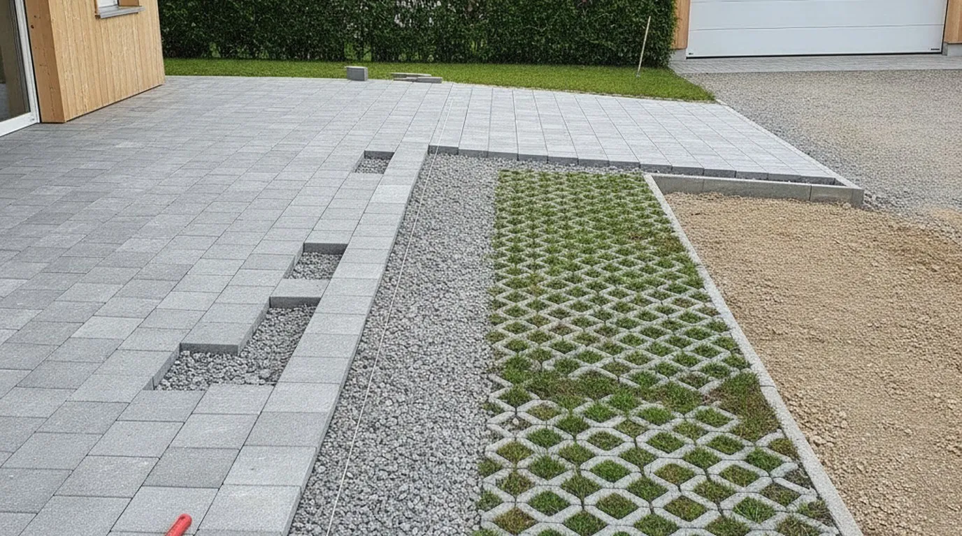 Zufahrt und Autoabstellplatz vor einem Haus, zur Hälfte mit grauen Betonpflastersteinen auf Kiesbett, zur Hälfte mit Rasengittersteinen, in deren Öffnungen Gras wächst, Randabschluss und Fundation seitlich sichtbar.
