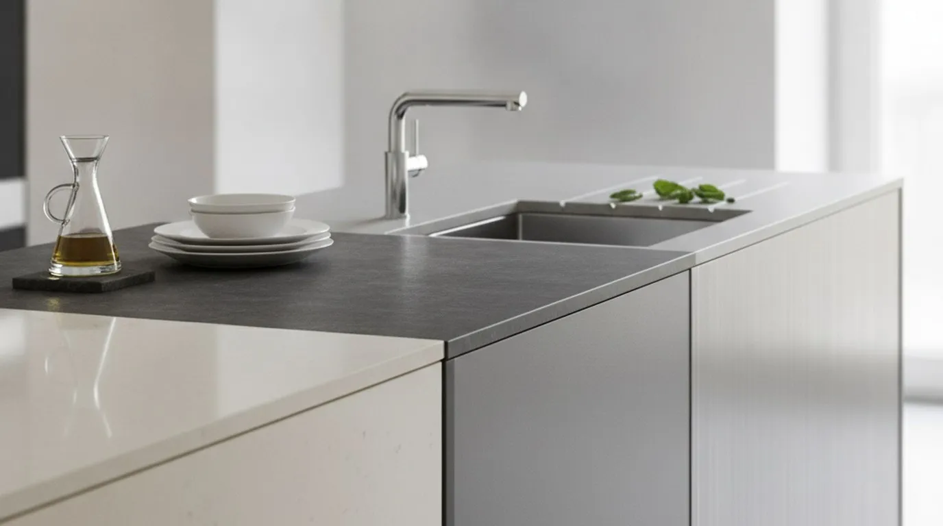 Moderne Küchenabdeckung, mehrere Materialien nebeneinander: heller Quarzkomposit, dunkler Naturstein, matte Keramik und Chromstahl, Unterbauspüle, saubere Kanten.