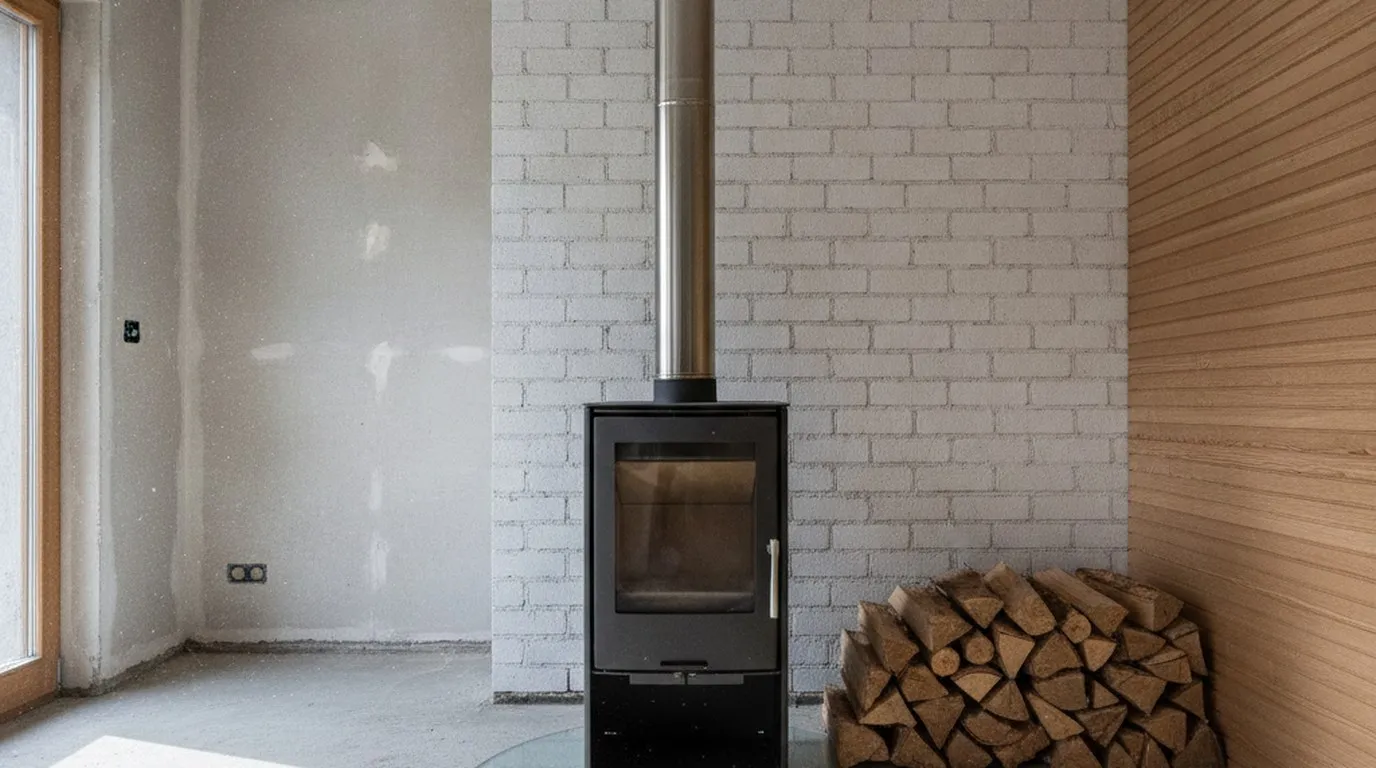 Raum im Umbau mit rohen Gipswänden und Unterlagsboden: ein rechteckiger Holzofen aus schwarzem Stahl mit Sichtscheibe steht auf einer runden Bodenplatte aus Glas vor einer weiss gestrichenen Backsteinwand, das Chromstahlrohr führt senkrecht zur Decke. Rechts eine Wand mit hellem Holztäfer, davor gestapelte Holzscheite, links ein grosses Fenster.