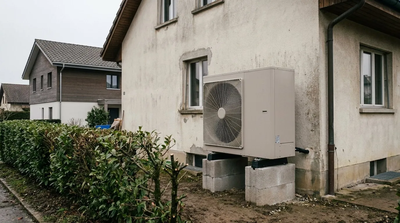 Aussengerät einer Wärmepumpe auf Betonsockeln an der Hauswand, dahinter eine Hecke und das Nachbarhaus.