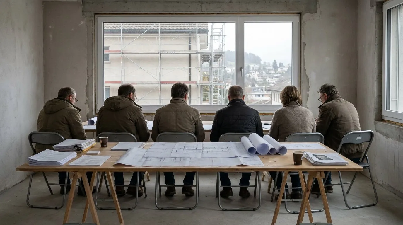 Salle de réunion sobre avec une longue table, chaises occupées vues de dos, documents et plans d'immeuble étalés devant les participants.