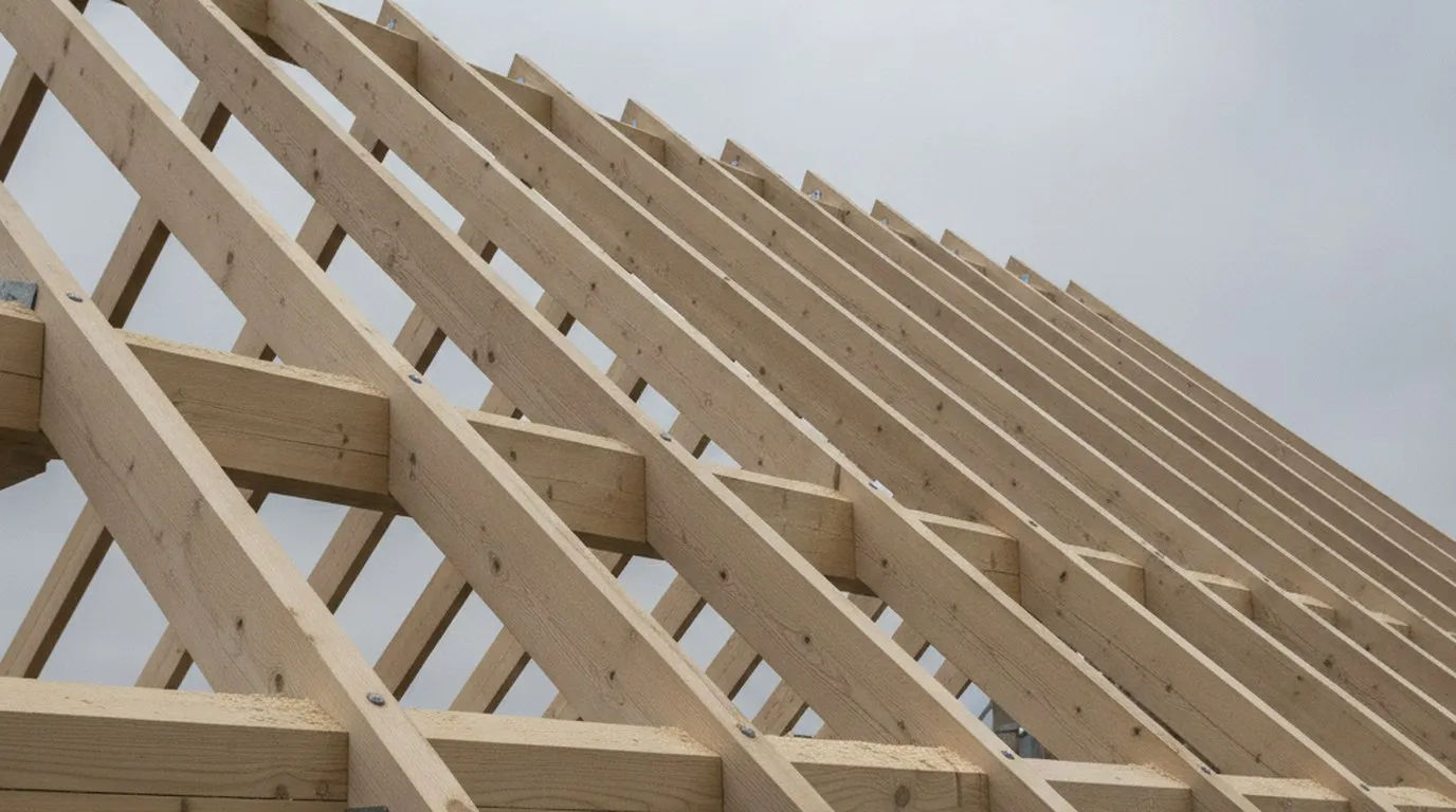 Charpente en bois d'une toiture suisse en cours de montage : chevrons et pannes en épicéa assemblés en squelette de toit, connecteurs métalliques visibles aux assemblages, vue depuis le sol vers le ciel couvert.