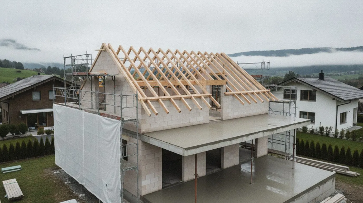 Rohbau eines neuen Einfamilienhauses in der Schweiz, Mauerwerk und Holzdachstuhl, Gerüst, frische Betondecke, Baumaterial auf Paletten.
