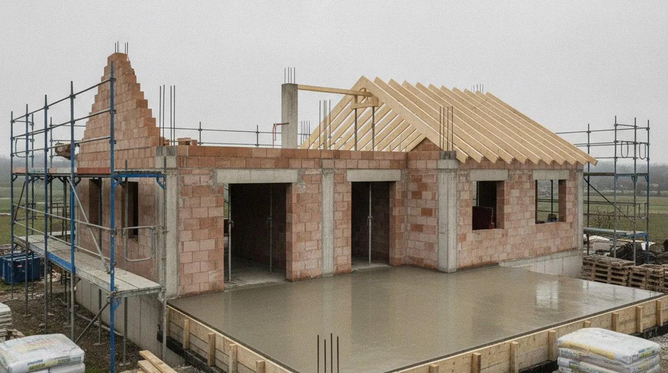 Rohbau eines Schweizer Einfamilienhauses: frisch betonierte Bodenplatte, Mauerwerk aus Backstein und Beton, wartende Armierungseisen, beginnender Holzdachstuhl, Gerüst und Material auf Paletten.
