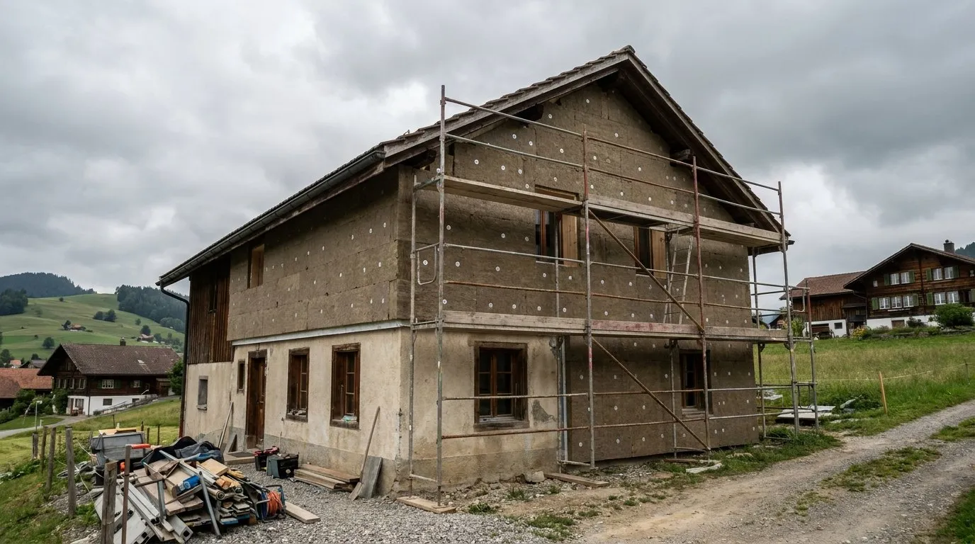 Façade d'une maison individuelle en cours d'isolation, panneaux de laine minérale fixés sur le mur, échafaudage devant, ancien crépi encore visible sur une partie.