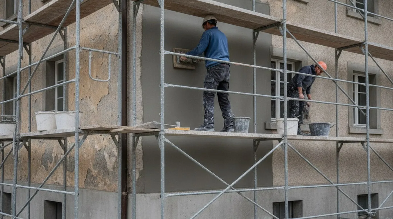 Gipser auf einem Gerüst tragen frischen grauen Verputz mit Kelle und Reibbrett auf die Fassade eines Schweizer Wohnhauses auf, ein Teil der Wand noch roh, Kübel mit Putz auf den Bohlen.