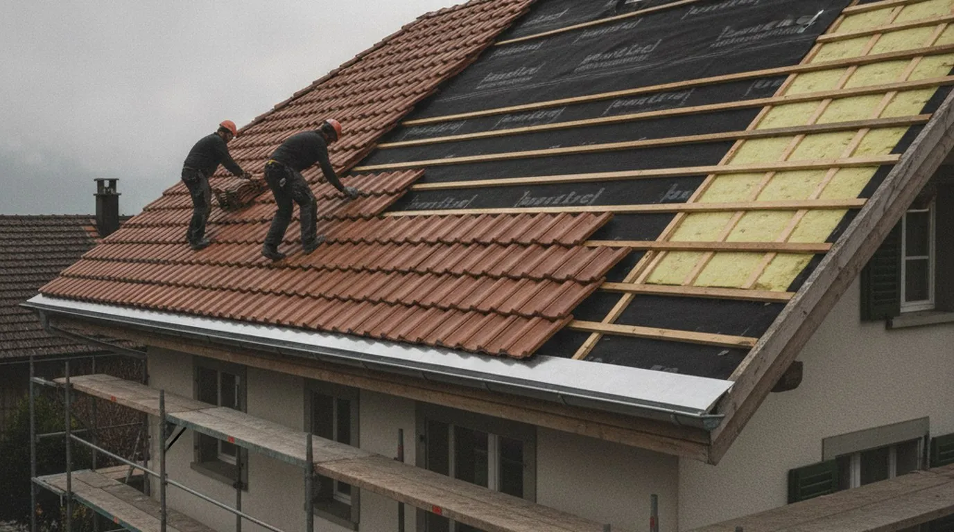 Réfection de toiture en cours sur une maison suisse : deux couvreurs sur un échafaudage posent des tuiles en terre cuite sur une sous-couverture noire, ferblanterie métallique en rive, une partie de la toiture montre l'isolation entre chevrons.