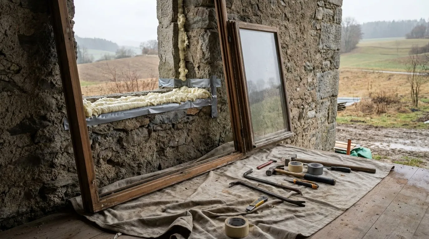 Fenêtre en cours de remplacement dans un mur ancien, cadre déposé, joint d'étanchéité et mousse visibles sur le pourtour, bâche de protection au sol.
