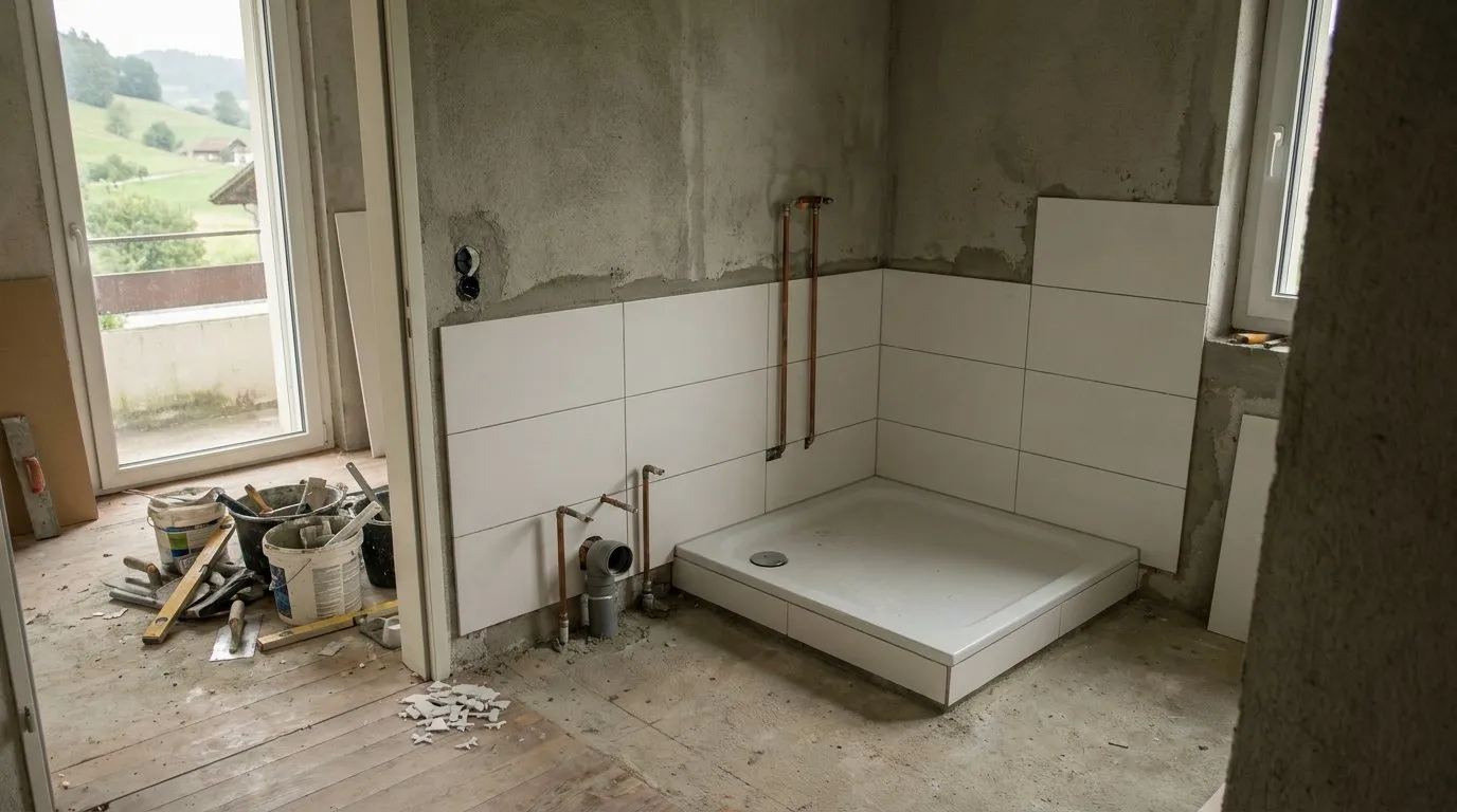 Salle de bains suisse en cours de rénovation, murs partiellement carrelés, receveur de douche posé, tuyauterie apparente et outils au sol.