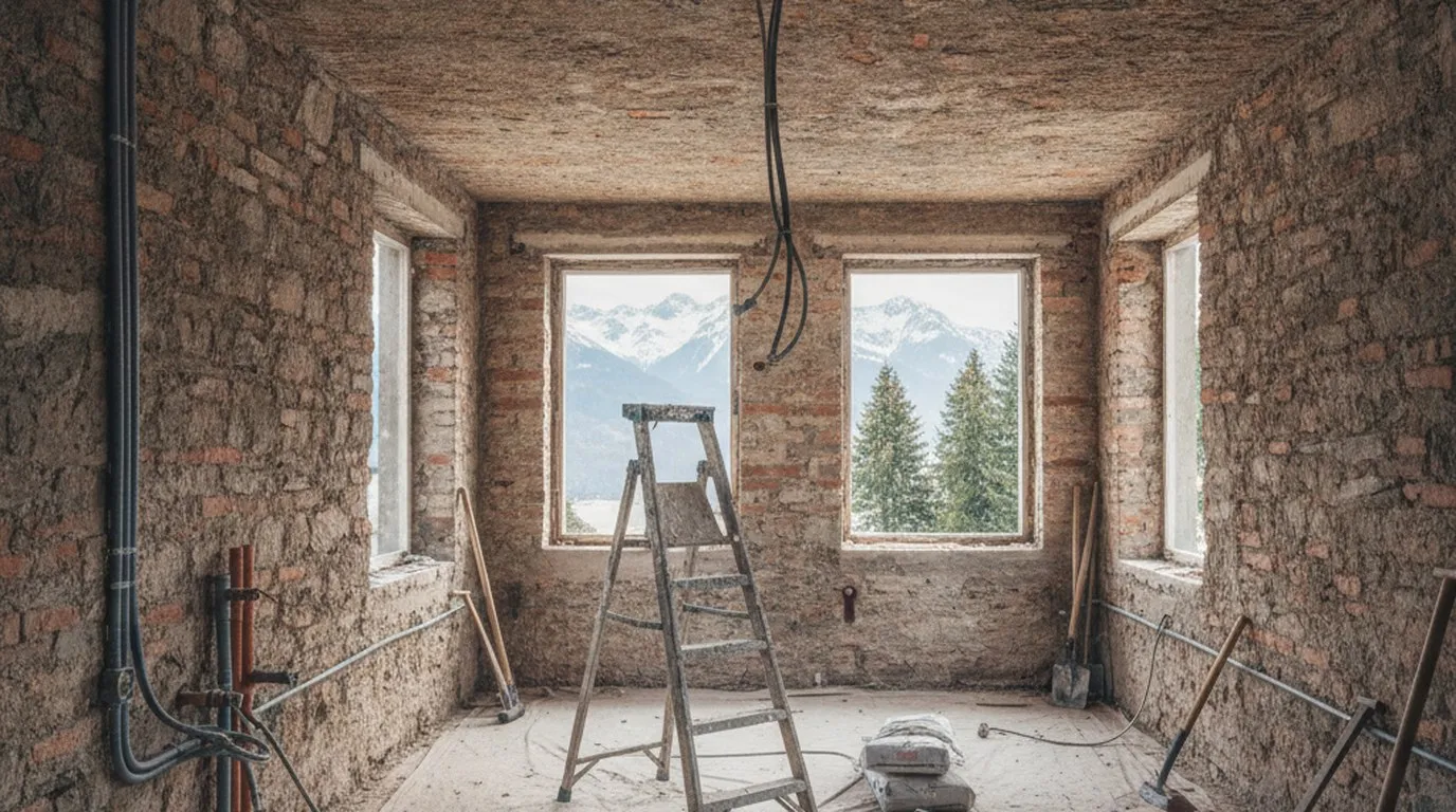 Innenraum eines alten Schweizer Hauses in der Gesamtsanierung, abgeschlagene Wände bis aufs Mauerwerk, neue Elektrorohre und Leitungen, Bockleiter und Material, Fensteröffnungen ohne Verglasung.