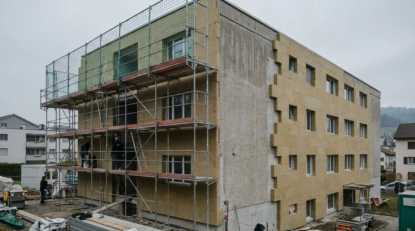 Façade d'un immeuble des années 1970 en cours d'isolation, panneaux posés en quinconce derrière un échafaudage.