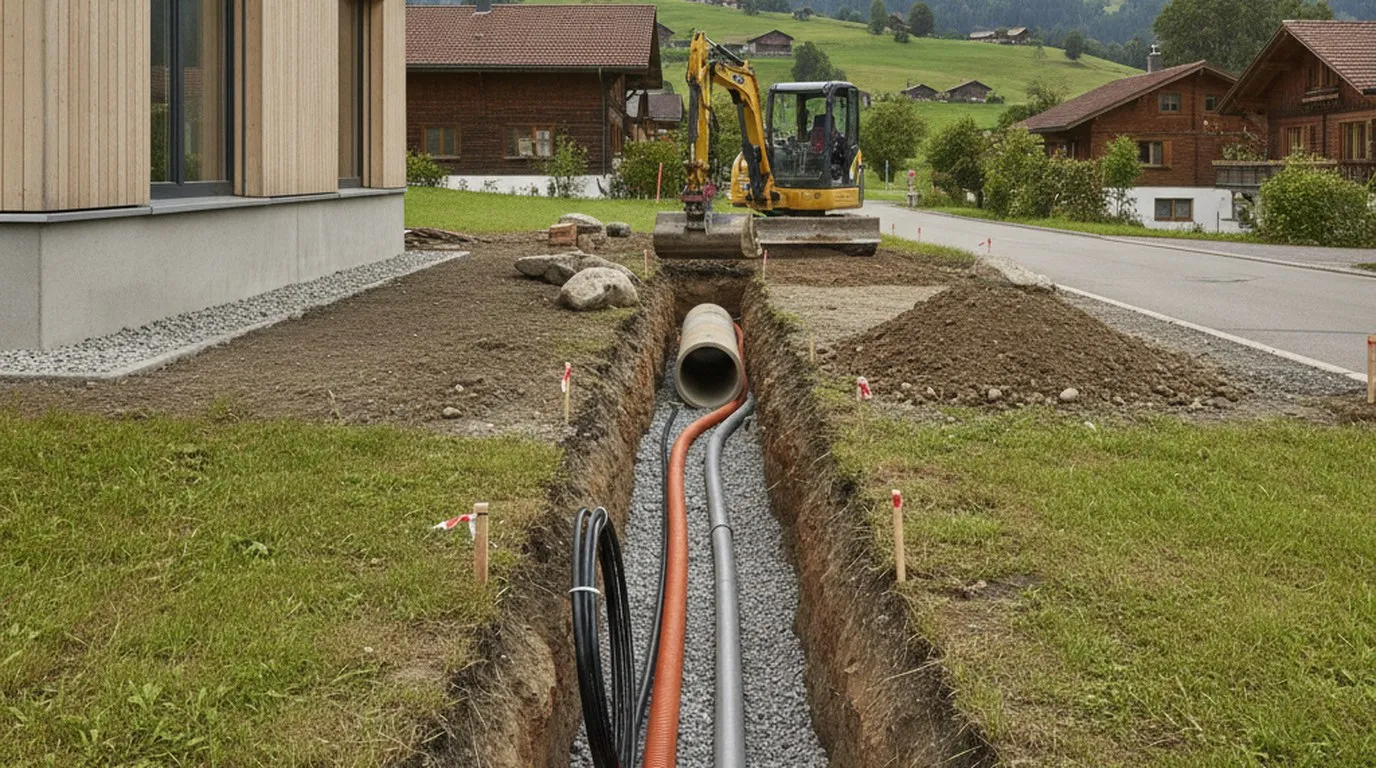 Offener Anschlussgraben vor einem neuen Einfamilienhaus, schwarze Wasserleitung, orange Elektroschutzrohre, graues Glasfaserrohr und ein Abwasserrohr nebeneinander auf einem Kiesbett.