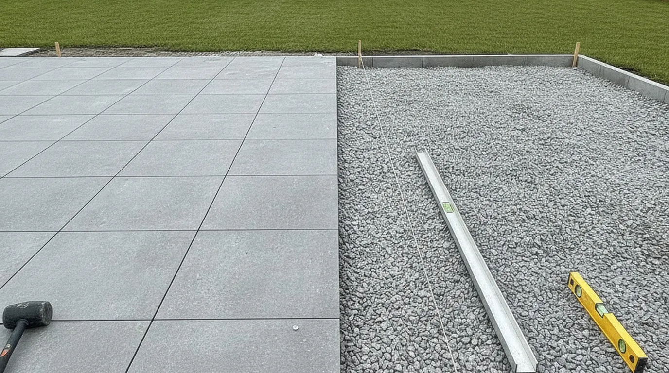 Terrasse im Bau: links grosse graue Feinsteinzeugplatten, bereits mit feinen Fugen verlegt, darauf ein schwarzer Gummihammer; rechts ein abgezogenes Splittbett zwischen Randsteinen aus Beton, mit Aluminiumlatte, gelber Wasserwaage und einer Richtschnur zwischen Holzpflöcken; dahinter Rasen.