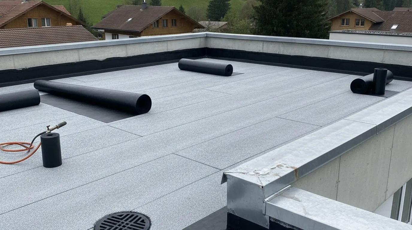 Flachdach während der Abdichtung: graue, beschieferte Bahnen in Streifen verlegt, darauf mehrere schwarze Rollen Bitumenbahn, eine schwarze Aufbordung an der Betonbrüstung mit Blechabdeckung, ein Gasbrenner mit orangem Schlauch und ein runder Dachablauf im Vordergrund, dahinter Häuser mit Ziegeldach und ein grüner Hügel.