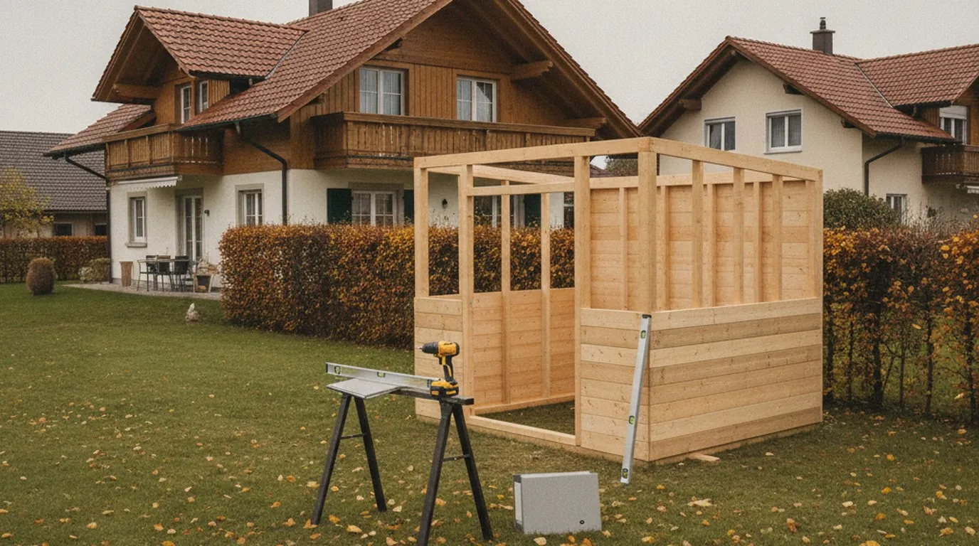 Kleines Gartenhaus aus Holz im Aufbau am Ende des Gartens eines Schweizer Einfamilienhauses, Holzständerwerk ohne Verkleidung, Werkzeug am Boden und ein geschlossener grauer Ordner auf einem Bock.