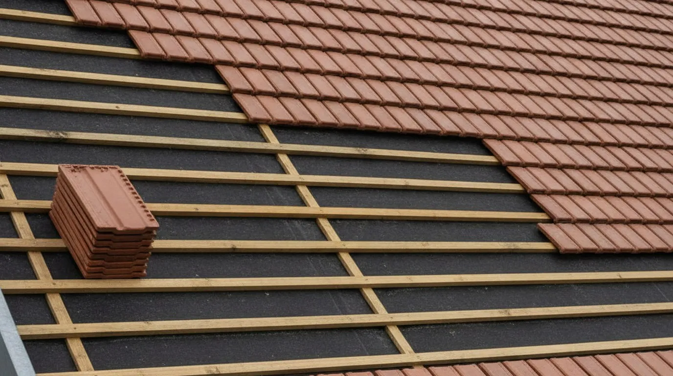 Schweizer Steildach bei der Eindeckung: Tonziegel in Reihen auf Latten verlegt, darunter eine schwarze Unterdachbahn, einige Ziegel gestapelt bereitgelegt und ein Spenglerblech an der Ortkante.
