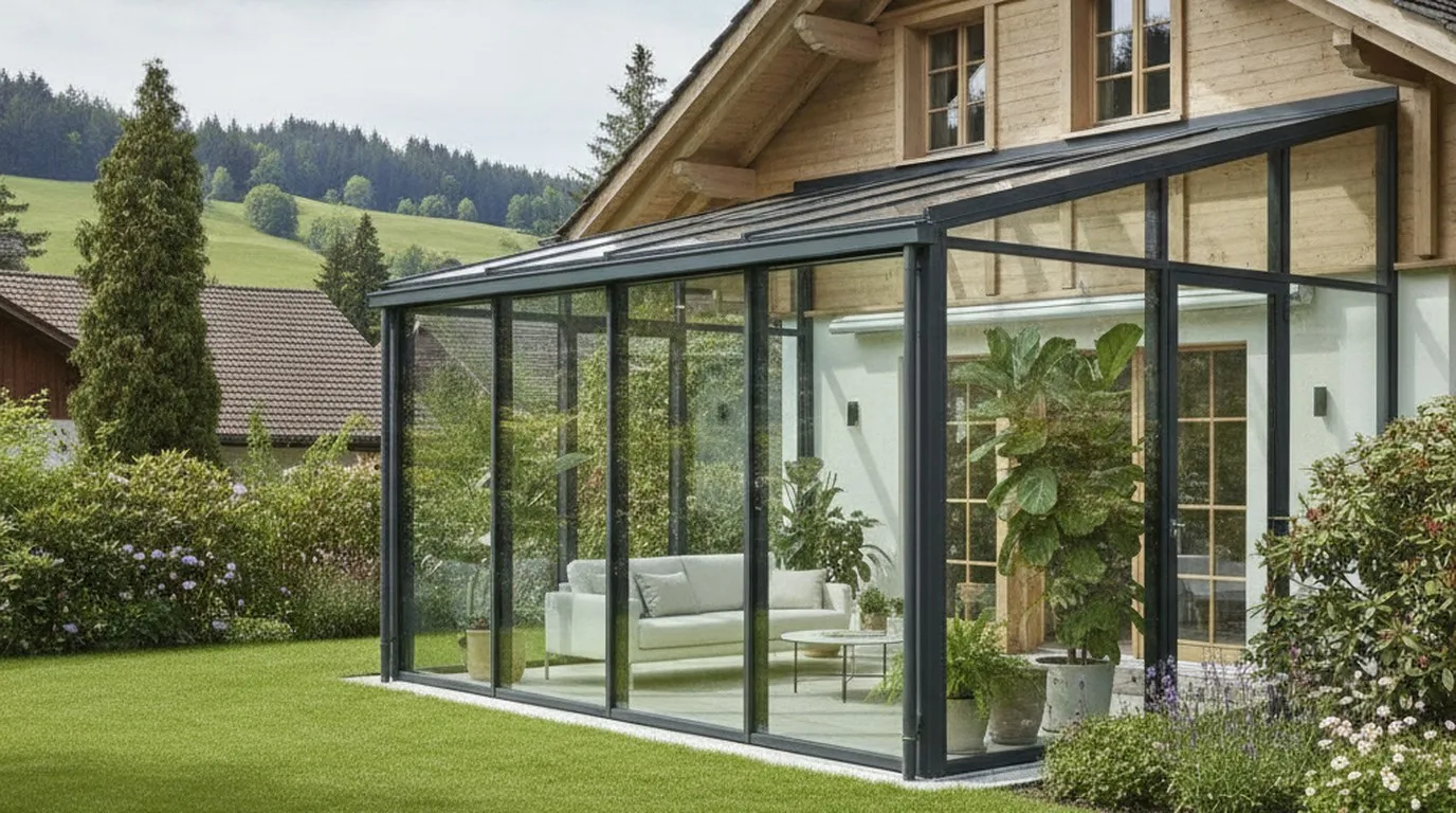 Moderner verglaster Wintergarten an einem Schweizer Holzhaus, dunkelgraue Aluminiumprofile, grosse Isoliergläser, Pflanzen im Innern, Garten und Hügel im Hintergrund.
